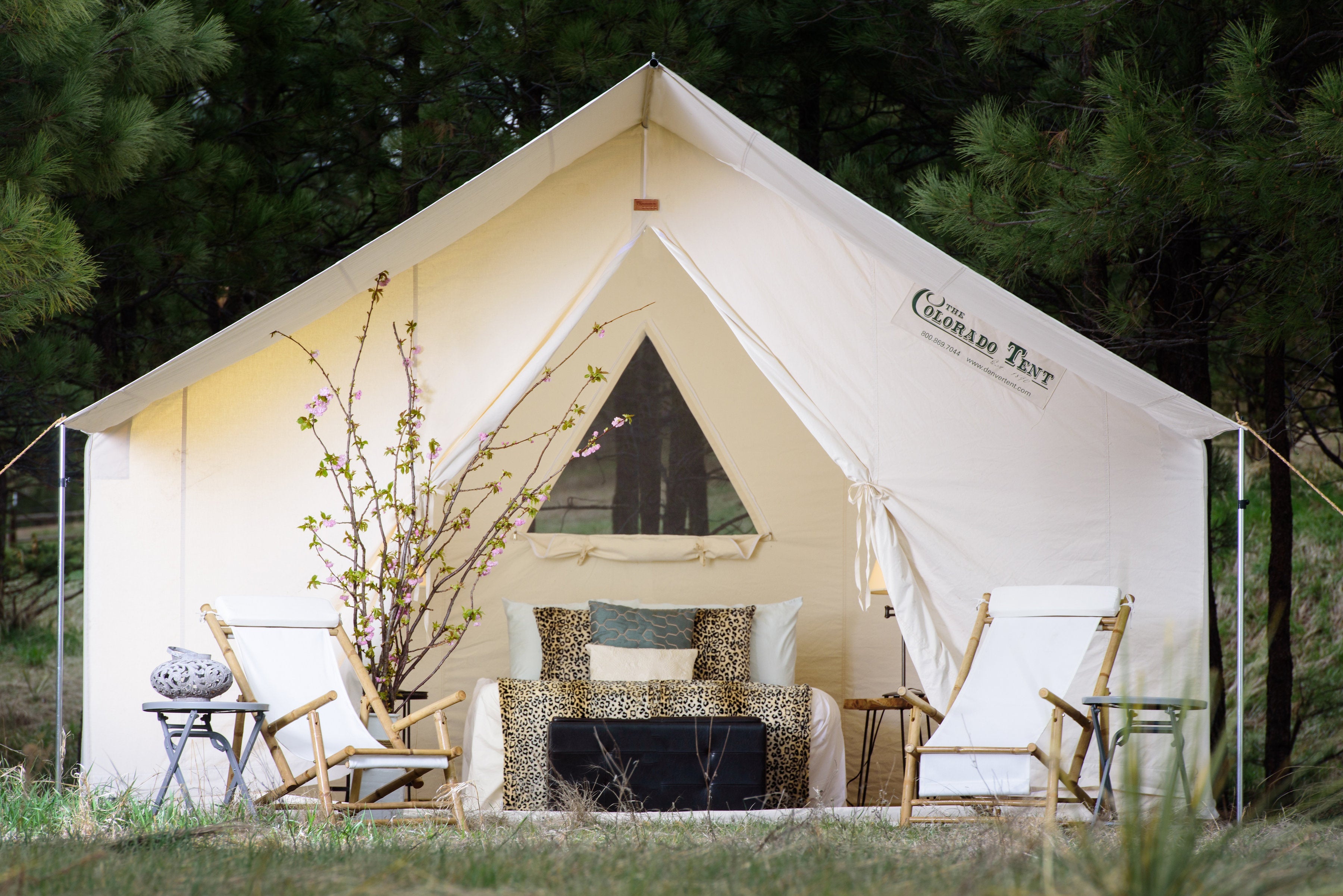 Colorado Wall Tent setup for Glamping or Glamp Sites.  Made of 100% Canvas in the USA